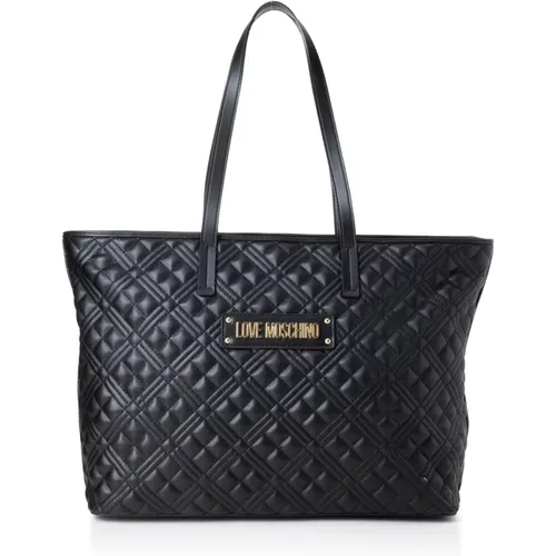 Gepolsterte Einkaufstasche mit goldfarbenem Logo,Schwarze Synthetische Shopper Tasche - Love Moschino - Modalova