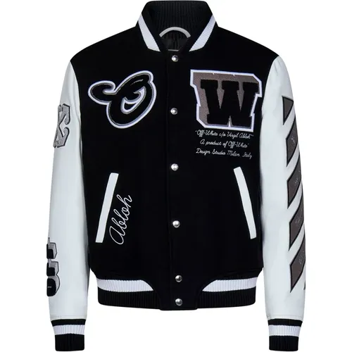 Black Wool Varsity Jacket Logo Patches , male, Sizes: L - Off White - Modalova