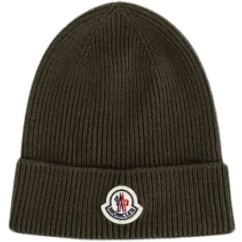 Khaki Wool Beanie with Logo Patch , unisex, Sizes: ONE SIZE - Moncler - Modalova