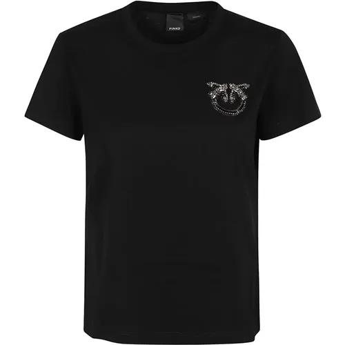 Schwarzes Baumwoll-T-Shirt mit Logo-Stickerei - pinko - Modalova