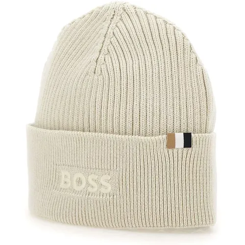 Ecru Ribbed Wool Cotton Cap , male, Sizes: ONE SIZE - Hugo Boss - Modalova