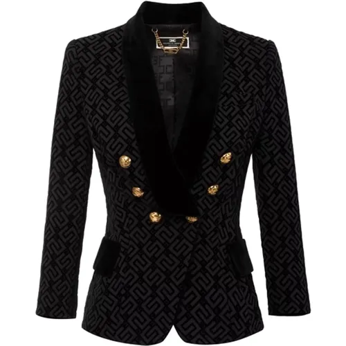 Schwarze Doppelreiher-Jacke mit Flock-Logo-Muster - Elisabetta Franchi - Modalova
