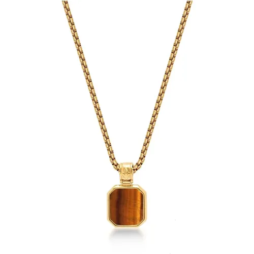 Gold Necklace with Square Brown Tiger Eye Pendant , Herren, Größe: 2XL - Nialaya - Modalova