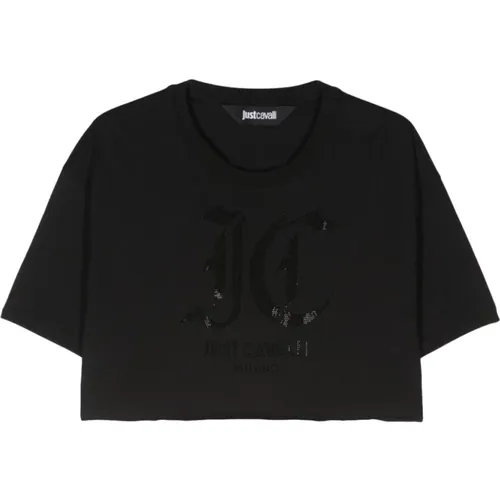 Schwarze T-Shirts mit Strass-Logo am Halsausschnitt - Just Cavalli - Modalova