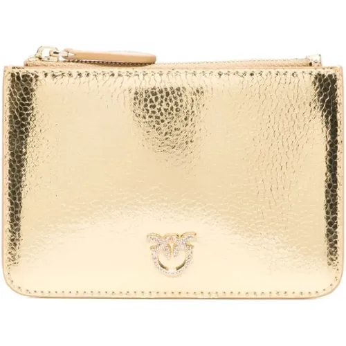 Golden Metallic Wallet with Crystal Embellishment , female, Sizes: ONE SIZE - pinko - Modalova