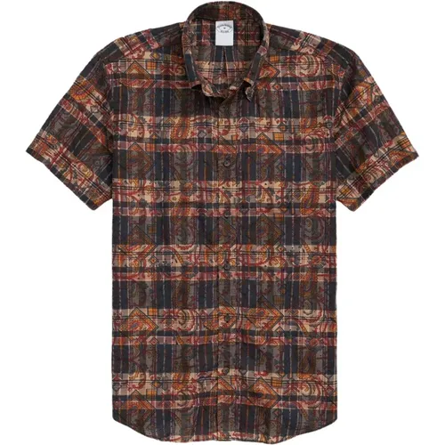 Gedrucktes indisches Madras Kurzarm-Sportshirt mit Button-Down-Kragen , Herren, Größe: M - Brooks Brothers - Modalova