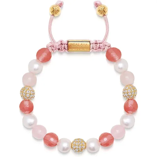Women's Beaded Bracelet with Pearl, Rose Quartz, Cherry Quartz and Gold - Nialaya - Modalova