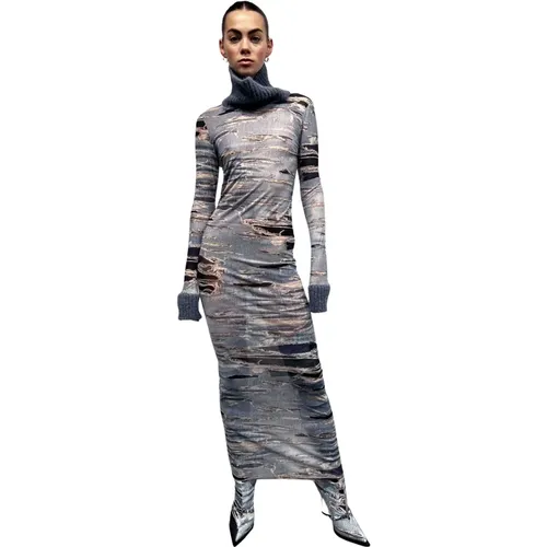 Iconic Denim Muster Hoher Kragen Langes Kleid , Damen, Größe: S - John Richmond - Modalova