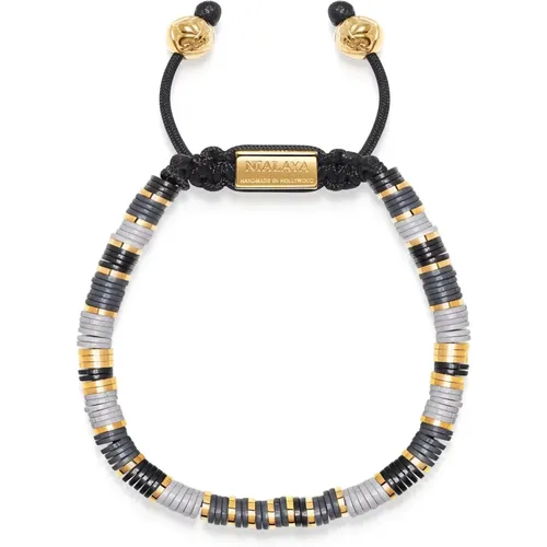 Men's Beaded Bracelet with Grey and Gold Disc Beads , Herren, Größe: M - Nialaya - Modalova