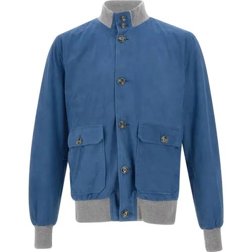 Blue Suede Jacket with Standing Collar , male, Sizes: L - Barba - Modalova