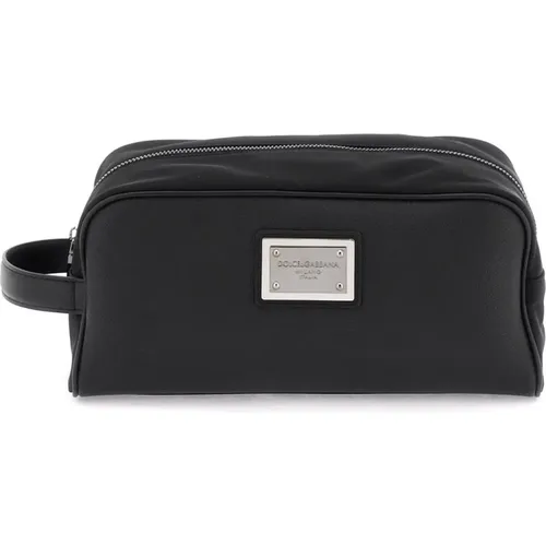 Leather and Nylon Vanity Case with Metal Plate , male, Sizes: ONE SIZE - Dolce & Gabbana - Modalova