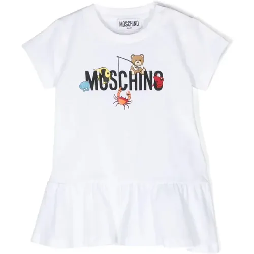 Weiße Baumwollkleid mit gerippten Abschlüssen und Logo-Print - Moschino - Modalova