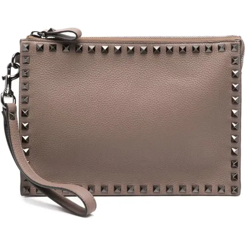 Grey Pebbled Leather Rockstud Wristlet Bag , male, Sizes: ONE SIZE - Valentino Garavani - Modalova