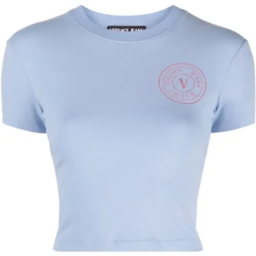 Lila Glitzer Logo T-Shirt , Damen, Größe: S - Versace Jeans Couture - Modalova