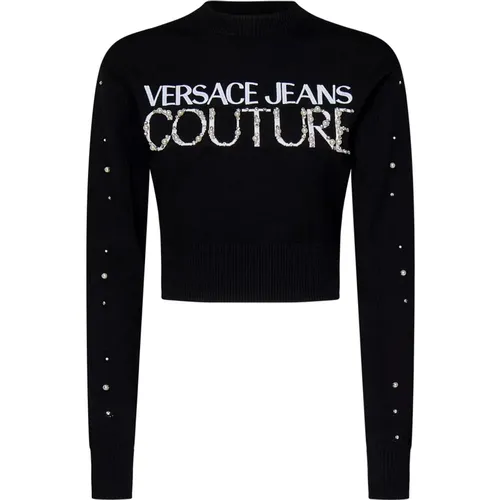 Schwarzer Cropped Pullover mit Besticktem Logo , Damen, Größe: L - Versace Jeans Couture - Modalova