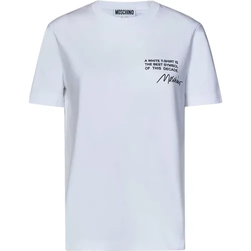 Weiße T-Shirts und Polos mit geripptem Rundhalsausschnitt , Damen, Größe: S - Moschino - Modalova