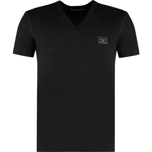 Geripptes V-Ausschnitt T-Shirt aus Baumwolle , Herren, Größe: L - Dolce & Gabbana - Modalova