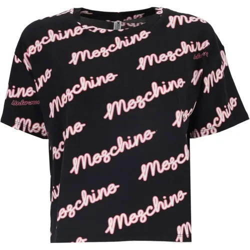 Schwarze T-Shirts und Polos mit All Over Schrift , Damen, Größe: M - Moschino - Modalova