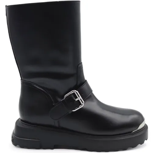 Quadratische Zehen Schwarze Leder Stiefeletten , Damen, Größe: 36 EU - Love Moschino - Modalova