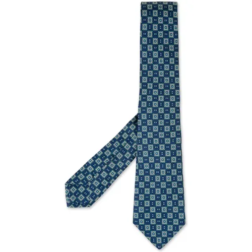 Blue and Green Silk Tie with Geometric Micro Pattern , male, Sizes: ONE SIZE - Kiton - Modalova