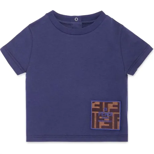 Blaues T-Shirt mit FF Logo Patch,Blaues T-Shirt mit Logo-Stickerei - Fendi - Modalova