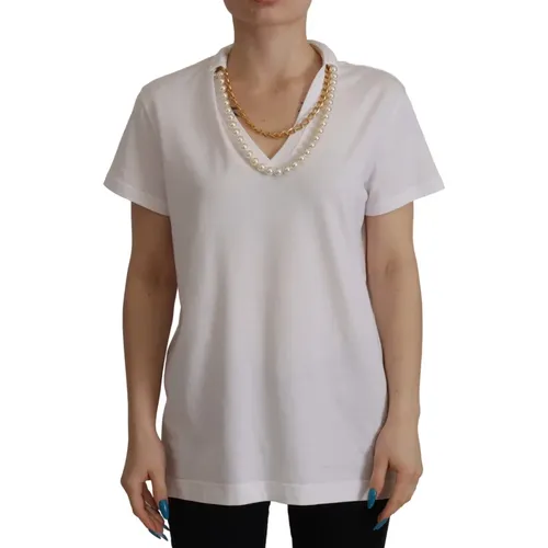 Weißes T-Shirt mit Halskette,Weißes Logo-verziertes V-Ausschnitt Tee - Dolce & Gabbana - Modalova