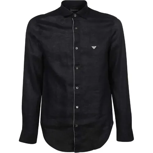 Regular Fit Linen Shirt with Embroidered Eagle Logo , male, Sizes: S - Emporio Armani - Modalova
