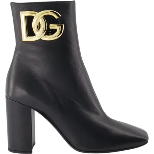Metallic Logo Lederstiefel mit Reißverschluss , Damen, Größe: 36 1/2 EU - Dolce & Gabbana - Modalova