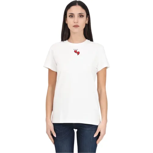 Weißes T-Shirt mit kurzen Ärmeln, roter Herzstickerei und Logo-Druck , Damen, Größe: L - pinko - Modalova