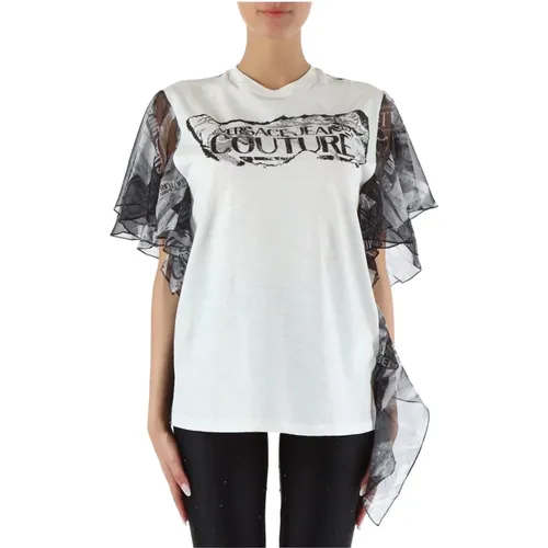 Flame Cotton T-shirt with Chiffon Logo Print , female, Sizes: M, S, XS - Versace Jeans Couture - Modalova