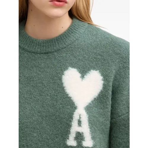 Grüner Pullover mit weißem Logo , Damen, Größe: XS - Ami Paris - Modalova