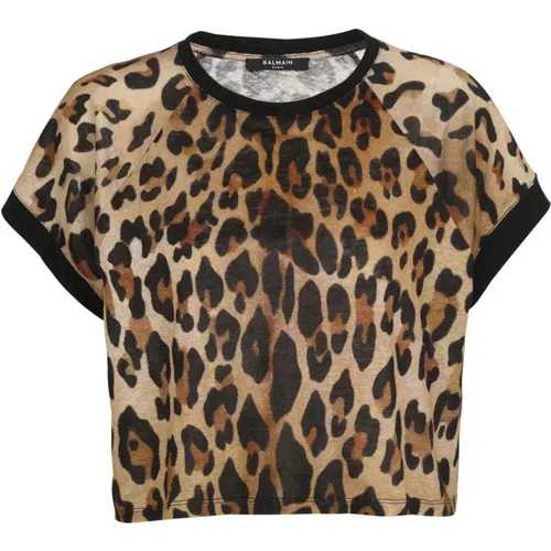 Kurzes T-Shirt aus einen mit eopardenmuster , Damen, Größe: XS - Balmain - Modalova
