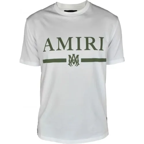 Weißes Rundhals-T-Shirt mit khakifarbenem Logo-Print - Amiri - Modalova