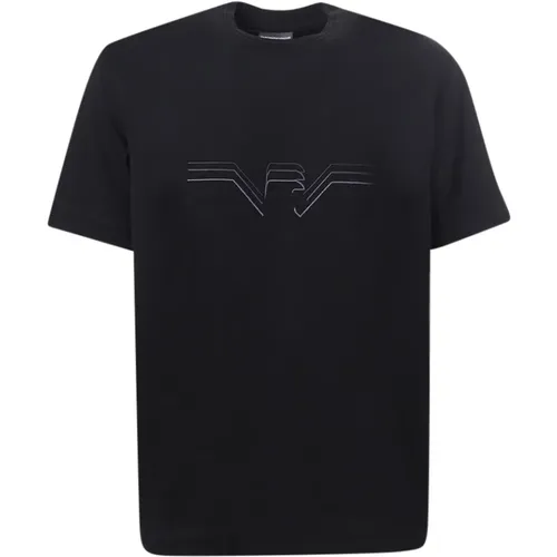 Schwarzes T-Shirt mit Rundhalsausschnitt und Adlerlogo - Emporio Armani - Modalova