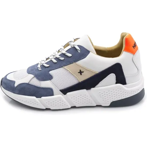 White/Blue Leather and Suede Sneaker , male, Sizes: 7 UK, 11 UK - Newlab - Modalova