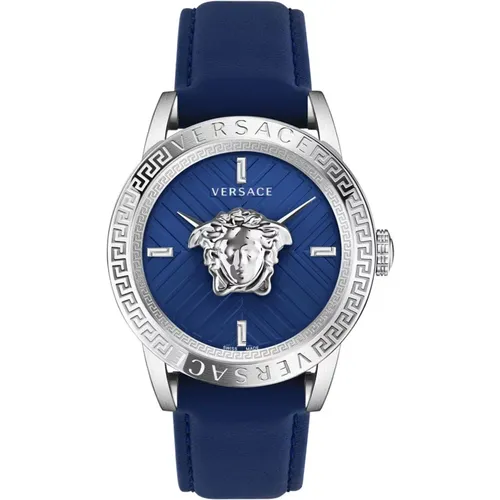 Blue Leather Quartz Watch , male, Sizes: ONE SIZE - Versace - Modalova