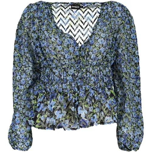 Blaue Gemusterte Bluse Langarm , Damen, Größe: M - Desigual - Modalova