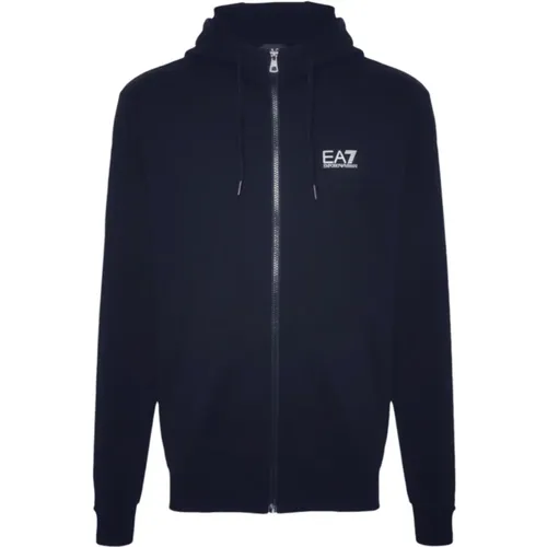 Blaue Baumwollkapuzenjacke Voll Reißverschluss Logo , Herren, Größe: XL - Emporio Armani EA7 - Modalova