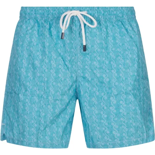 Blue Swim Shorts with Micro Pattern , male, Sizes: XL - Fedeli - Modalova