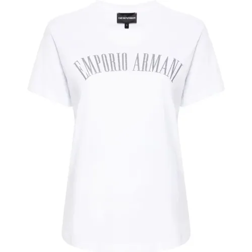 Weiße Baumwoll Logo Print T-shirt , Damen, Größe: L - Emporio Armani - Modalova