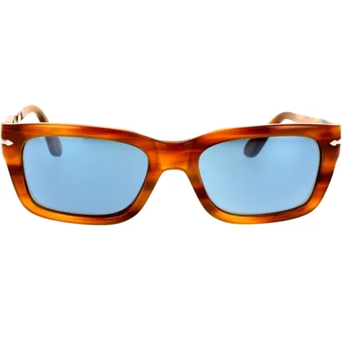 Bold Rectangular Sunglasses in Brown Striped with Blue Lenses , unisex, Sizes: 54 MM - Persol - Modalova