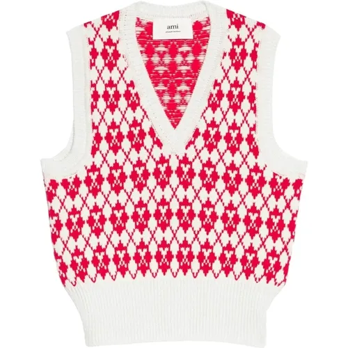 Jacquard v neck sweater , female, Sizes: L - Ami Paris - Modalova