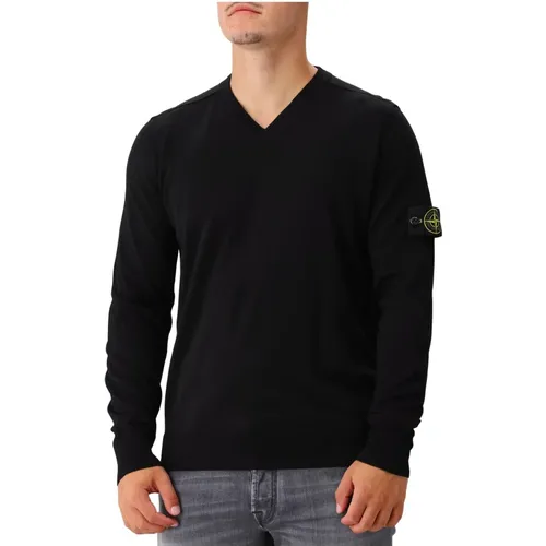 Schwarzer Woll V-Ausschnitt Strickpullover - Stone Island - Modalova