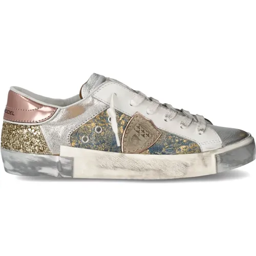 Unique Light Blue Gold Tennis Sneakers , female, Sizes: 6 UK, 3 UK, 7 UK, 4 UK, 5 UK - Philippe Model - Modalova