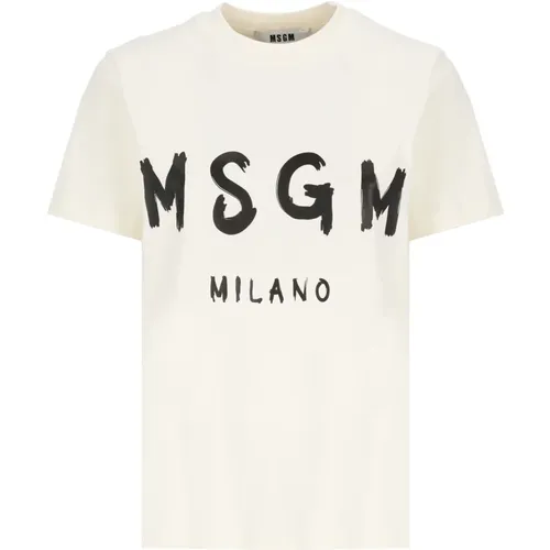 Ivory Baumwoll-T-Shirt mit Logo , Damen, Größe: L - MSGM - Modalova