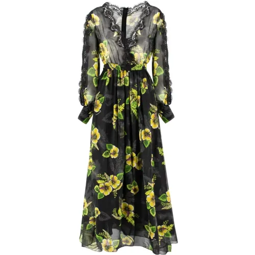 Floral Print Long Dress V-Neck , female, Sizes: S - Ermanno Scervino - Modalova