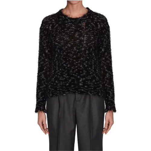 Schwarzer Pullover mit Rundhalsausschnitt und Unregelmäßigem Grauem Muster , Damen, Größe: M - Roberto Collina - Modalova
