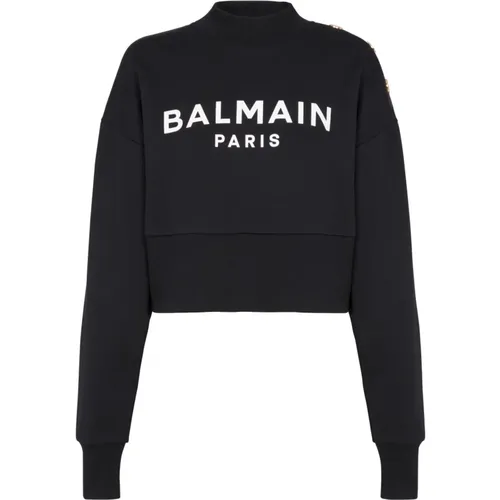Kurzes Sweatshirt aus Öko-Baumwolle mit aufgedrucktem -ogo , Damen, Größe: M - Balmain - Modalova