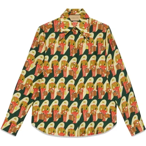 Grünes Seiden-Twill-Hemd mit -Print - Gucci - Modalova