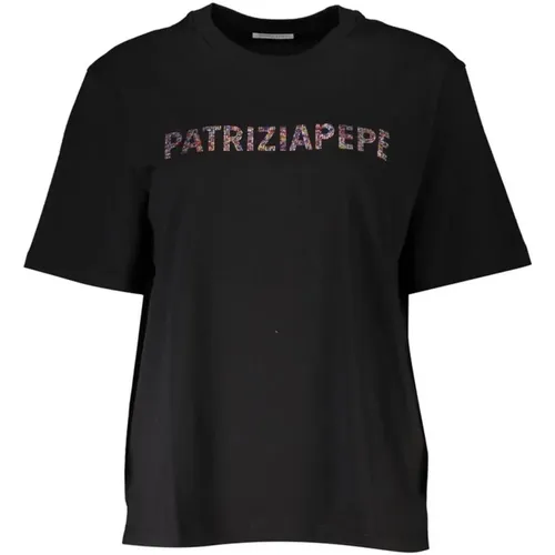 Short Sleeve Cotton T-Shirt with Rhinestone Logo Embellishment , female, Sizes: XS, L, M, S - PATRIZIA PEPE - Modalova